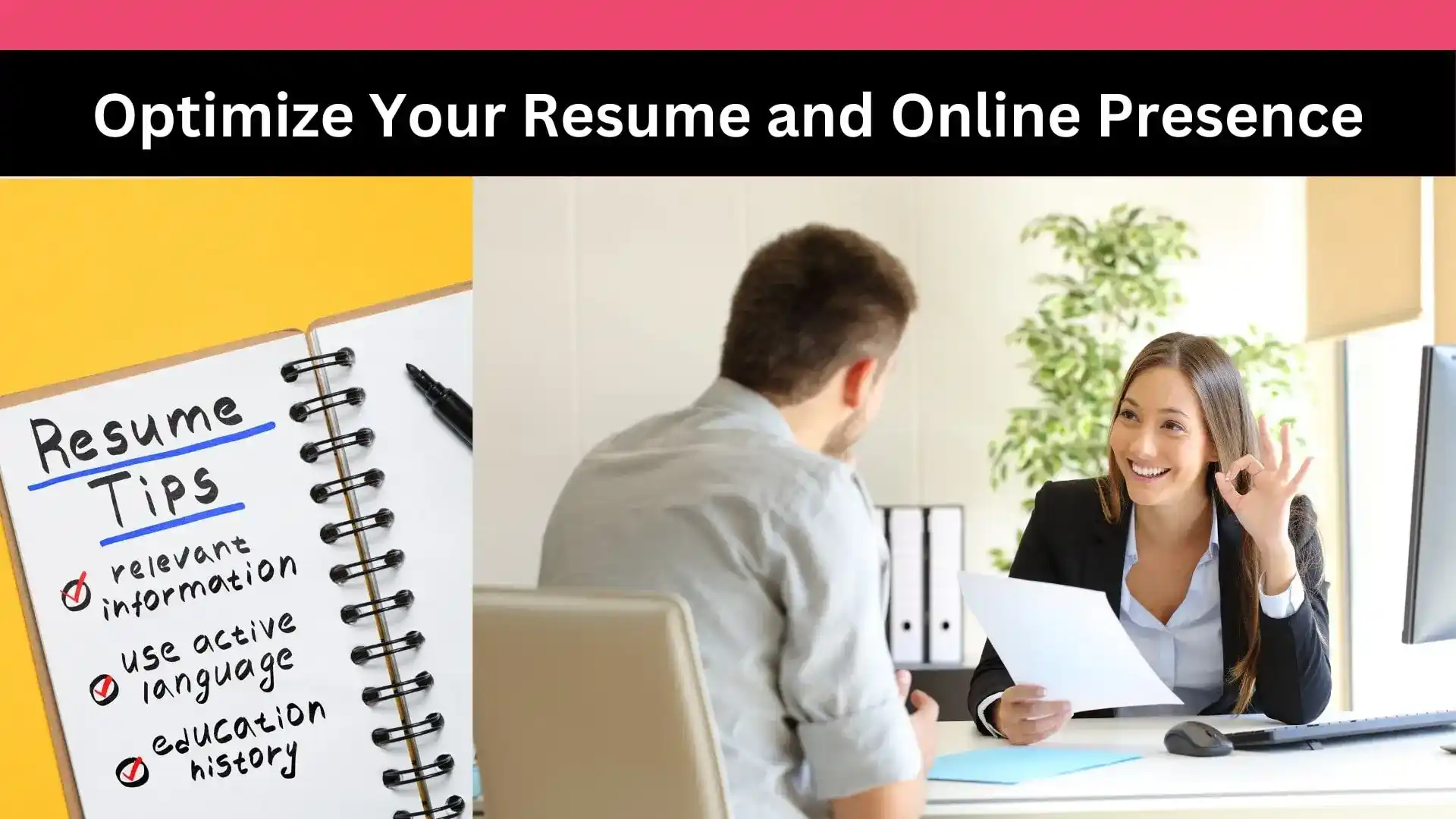 The image showing the male and female colleagues discussing the resume and thire online profile for the resume tips for job