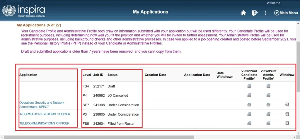 understanding un job application status